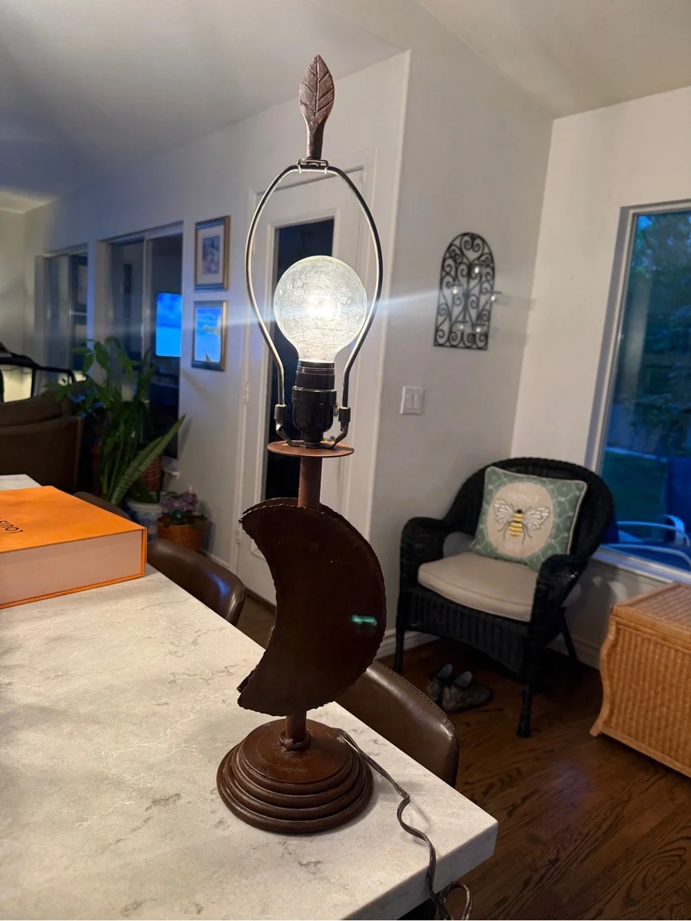 Rustic wrought iron metal industrial folk art Crescent Moon celestial table Lamp
